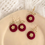 Red Fabric Retro Earrings French Bow Flower Ear Clip
