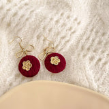 Red Fabric Retro Earrings French Bow Flower Ear Clip