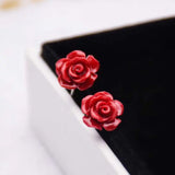 Red Coral Rose Earrings 925 Silver Needle Year Gift Cultured
