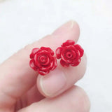 Red Coral Rose Earrings 925 Silver Needle Year Gift Cultured