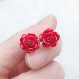 Red Coral Rose Earrings 925 Silver Needle Year Gift Cultured