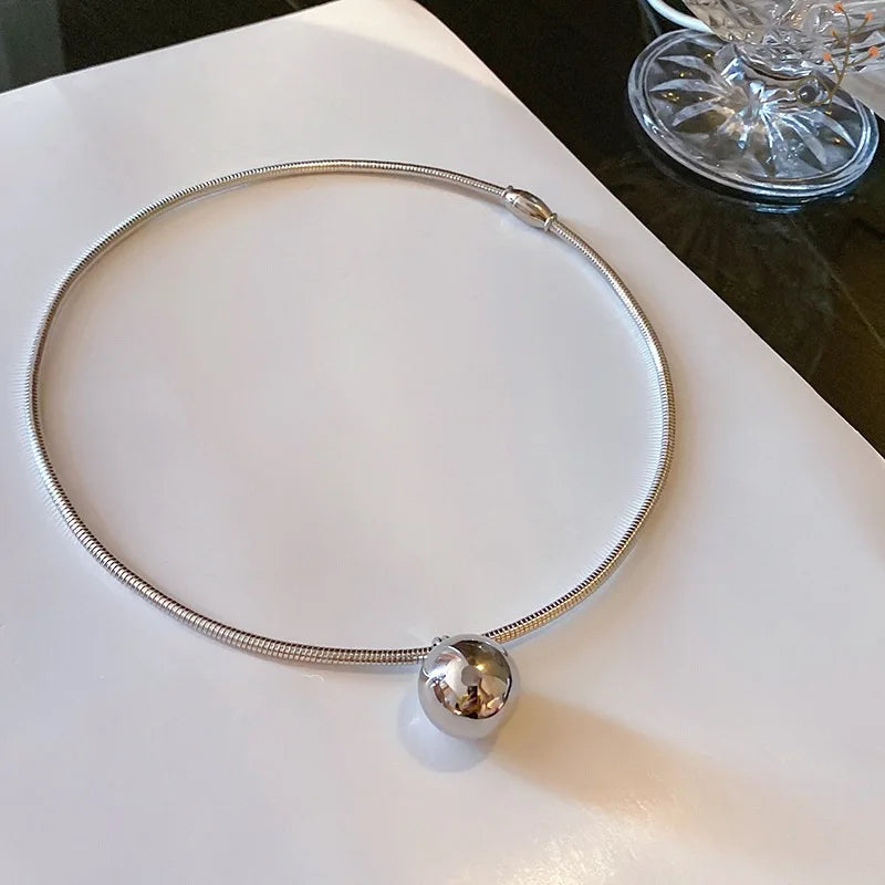 Stainless Steel Exaggerated Ball Pendant Choker Torque Necklace