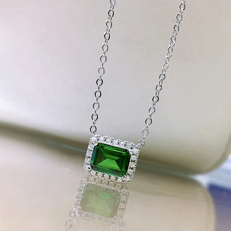S925 Silver Necklace Emerald Cutting Pendant Summer Jewelry