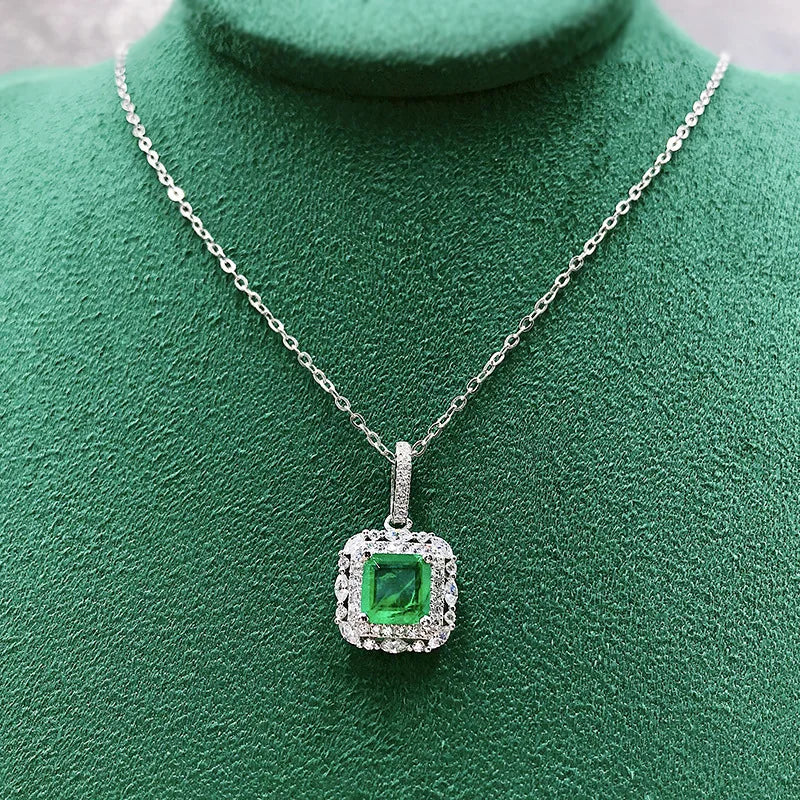S925 Silver Necklace Retro Pendant Emerald Cutting 7 * 7 Summer