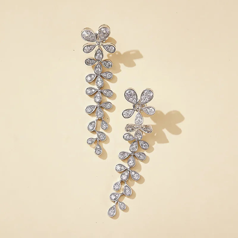 Silver Zircon Feather Earrings for Women's Banquet Wedding