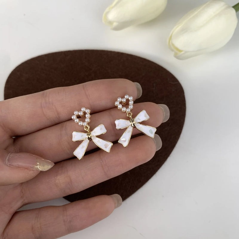 Enamel Bow Ear Clip Pearl Heart Earrings Women