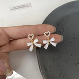 Enamel Bow Ear Clip Pearl Heart Earrings Women