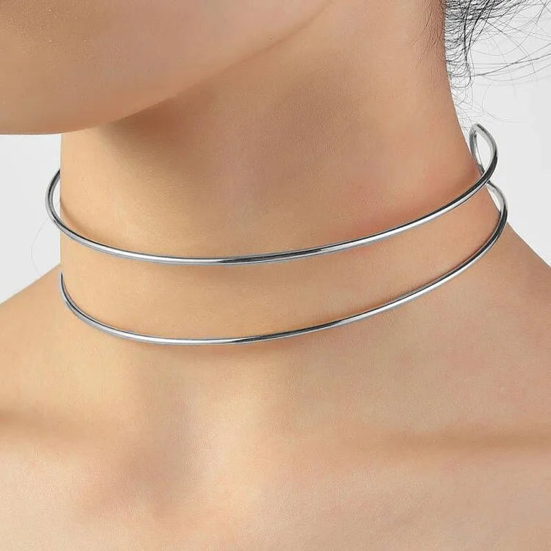 Punk Style Silver Torques Choker Necklace Women Double Metal Line Choker