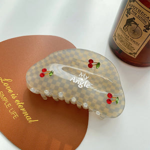 Gray Grid Hair Clip Claw with Synthetic Stones