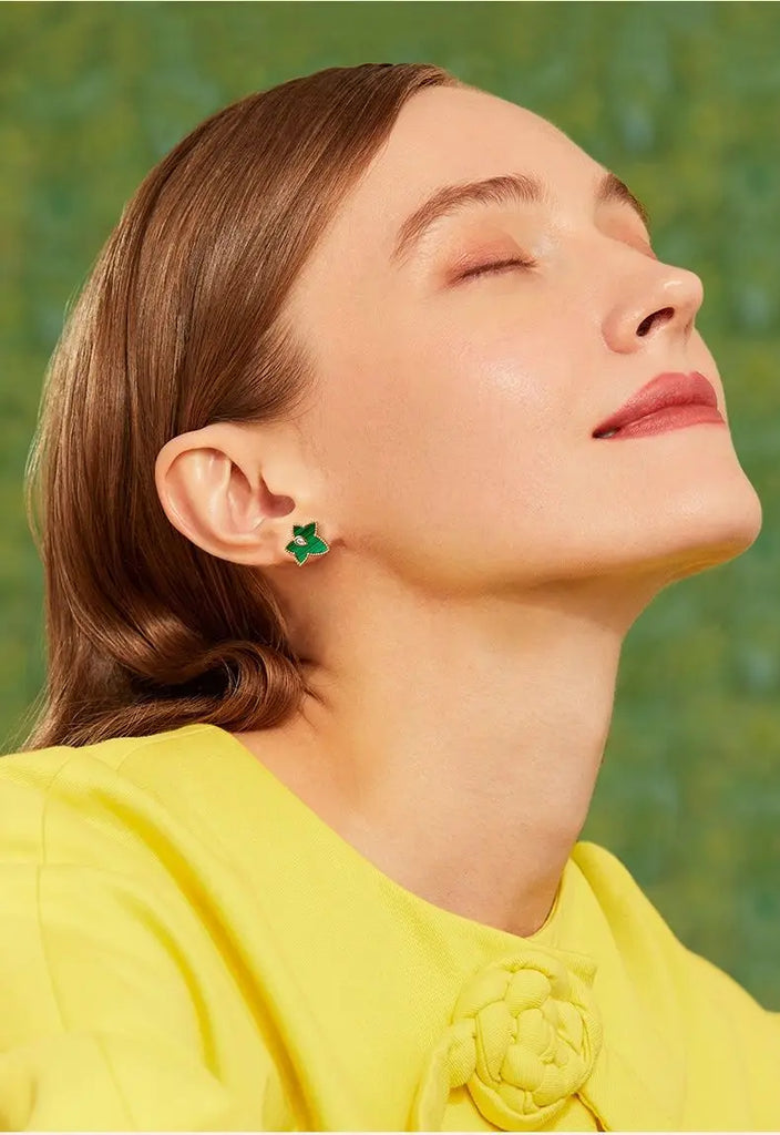 Vintage Spring Ivy Maple Leaf Stud Earrings Rhinestones Malachite Party Jewelry