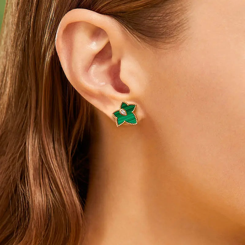 Vintage Spring Ivy Maple Leaf Stud Earrings Rhinestones Malachite Party Jewelry