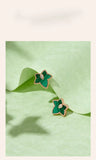 Vintage Spring Ivy Maple Leaf Stud Earrings Rhinestones Malachite Party Jewelry
