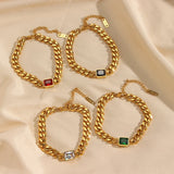 Square CZ Green Red Stone Cuban Chain Bracelet Bangles