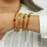 Square CZ Green Red Stone Cuban Chain Bracelet Bangles
