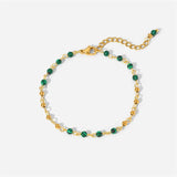 Stainless Steel Bracelet with Green Stone Beads