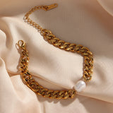 Chunky Cuban Chain Pearl Bracelet Tarnish Jewelry