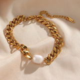 Chunky Cuban Chain Pearl Bracelet Tarnish Jewelry