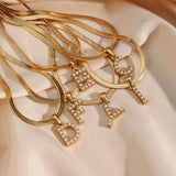 Stainless Steel Herringbone Chain & Simulated Pearl Alphabet Pendant Necklace