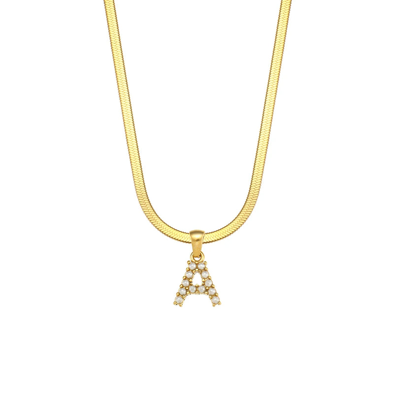 Stainless Steel Herringbone Chain & Simulated Pearl Alphabet Pendant Necklace