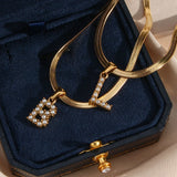 Stainless Steel Herringbone Chain & Simulated Pearl Alphabet Pendant Necklace