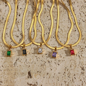 Stainless Steel Herringbone Chain Colorful Zircon Pendant Necklace