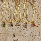 Stainless Steel Herringbone Chain Colorful Zircon Pendant Necklace