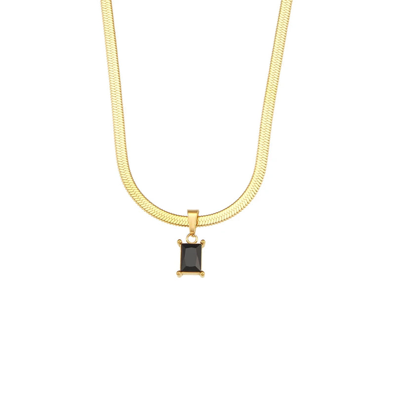 Stainless Steel Herringbone Chain Colorful Zircon Pendant Necklace
