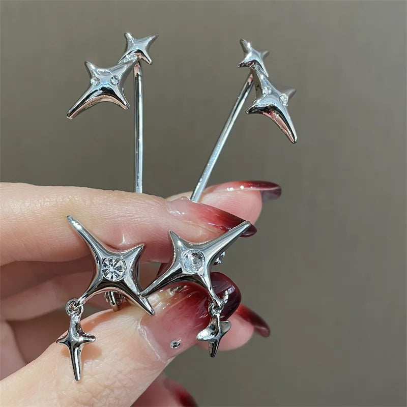 Silver Rhinestone Star Clip Earrings for Men Women
