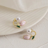 Summer Fresh Pink Flowers Stud Earrings Fine Pearl Women Earrings D368