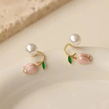 Summer Fresh Pink Flowers Stud Earrings Fine Pearl Women Earrings D368