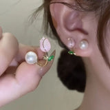 Summer Fresh Pink Flowers Stud Earrings Fine Pearl Women Earrings D368
