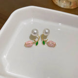 Summer Fresh Pink Flowers Stud Earrings Fine Pearl Women Earrings D368