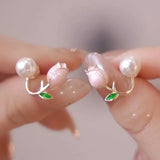 Summer Fresh Pink Flowers Stud Earrings Fine Pearl Women Earrings D368