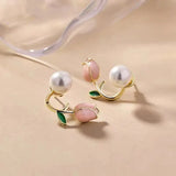 Summer Fresh Pink Flowers Stud Earrings Fine Pearl Women Earrings D368