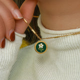 Enamel Green Coin Flower Pendant Necklace Stainless Steel