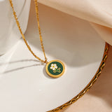 Enamel Green Coin Flower Pendant Necklace Stainless Steel