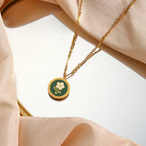 Enamel Green Coin Flower Pendant Necklace Stainless Steel