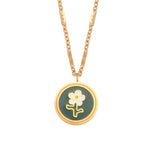 Enamel Green Coin Flower Pendant Necklace Stainless Steel