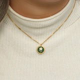 Enamel Green Coin Flower Pendant Necklace Stainless Steel