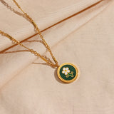 Enamel Green Coin Flower Pendant Necklace Stainless Steel