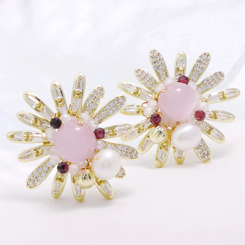 Pink Cat's Eye Crystal Freshwater Pearl Sun Earrings S925