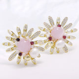Pink Cat's Eye Crystal Freshwater Pearl Sun Earrings S925