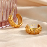 Embossed Moon Sun Star Chunky Hoop Earrings Stainless Steel