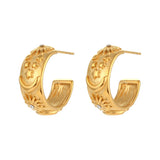 Embossed Moon Sun Star Chunky Hoop Earrings Stainless Steel
