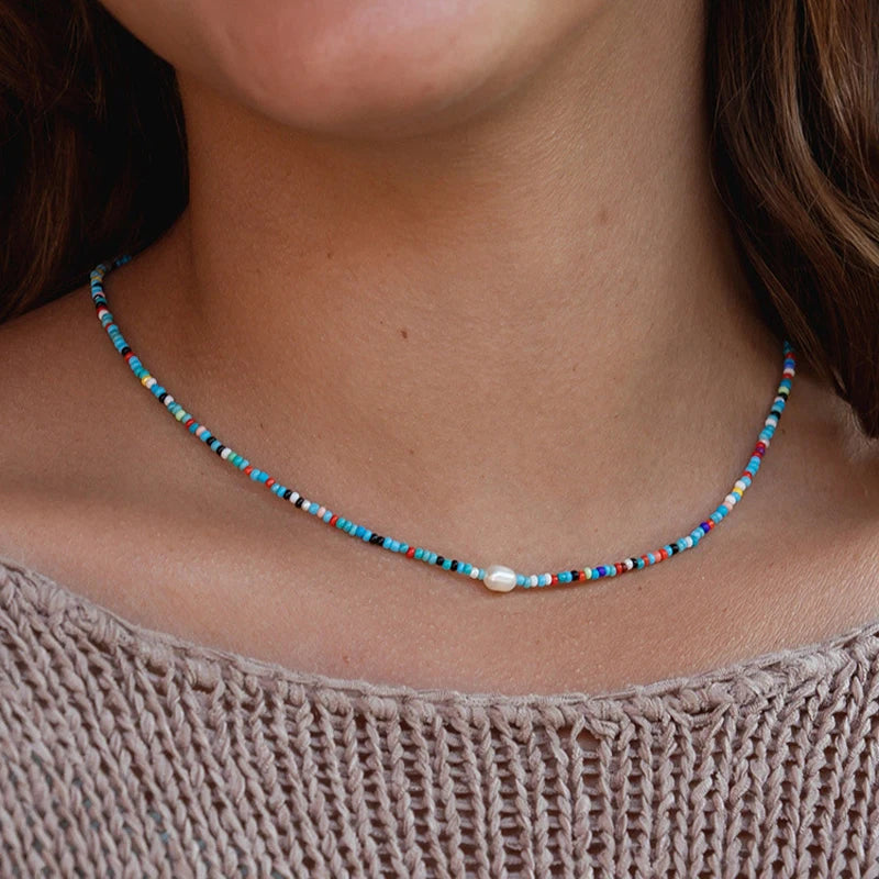 Colorful Bead Choker Necklace Natural Pearl Charm Short Collier Femme