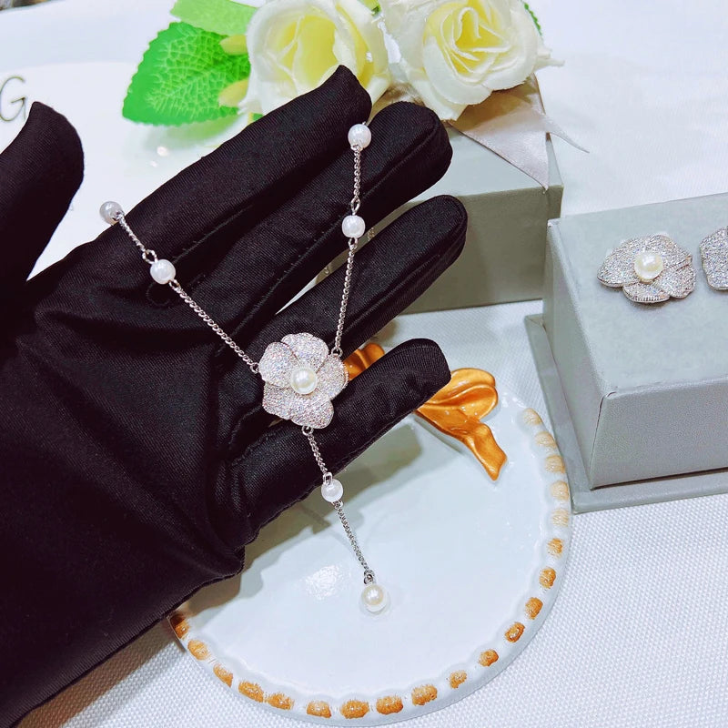 Flower Pearl Pendant Necklace Camellia Jewelry Women Engagement Party