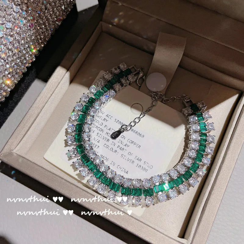 Women's Silver Tennis Bracelet Green Cubic Zirconia Bangle Bracelet