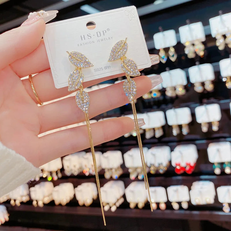 Diamond Leaves Tassel Earrings All-match Thin Earrings