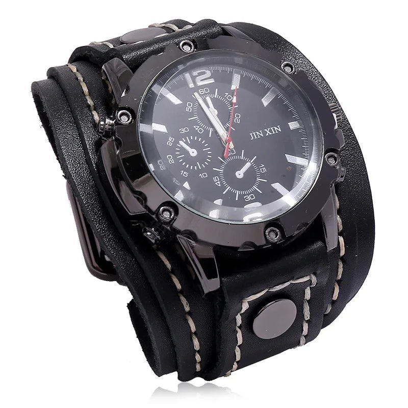 Vintage Hand Stitched Cowhide Watch Accessories Exaggerated Men Leather Bracelet