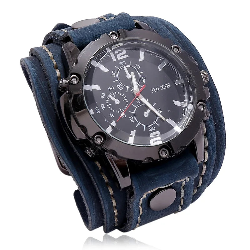 Vintage Hand Stitched Cowhide Watch Accessories Exaggerated Men Leather Bracelet